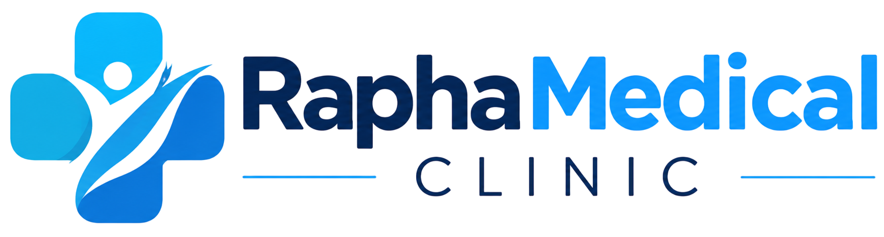 Rapha Medical Clinic logo featuring a blue medical cross symbol with a stylized human figure on a black background